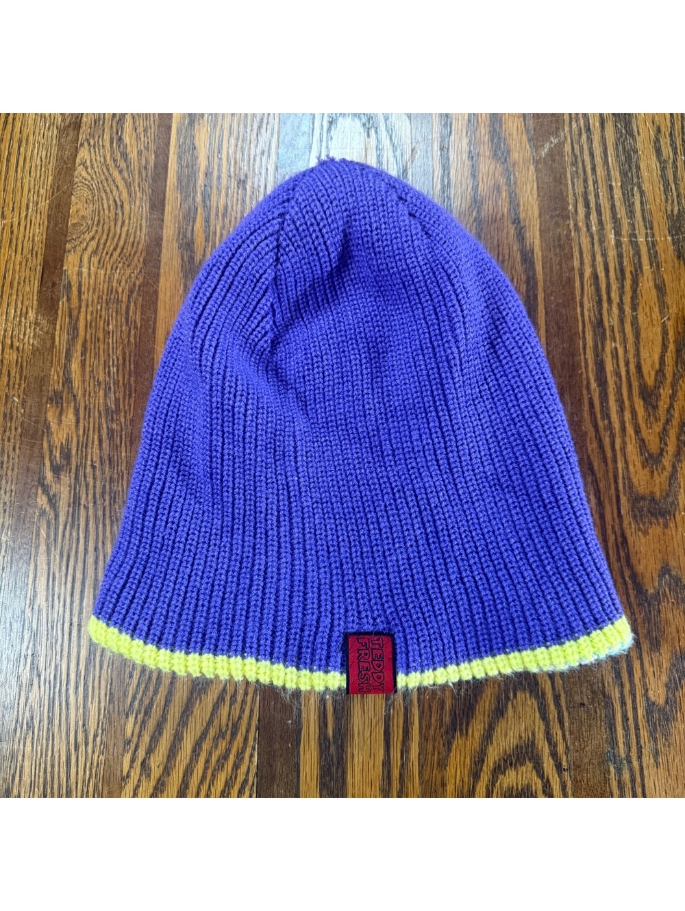 Teddy Fresh Ribbed Knit Beanie Purple Green Trim Red Logo Spellout Hat